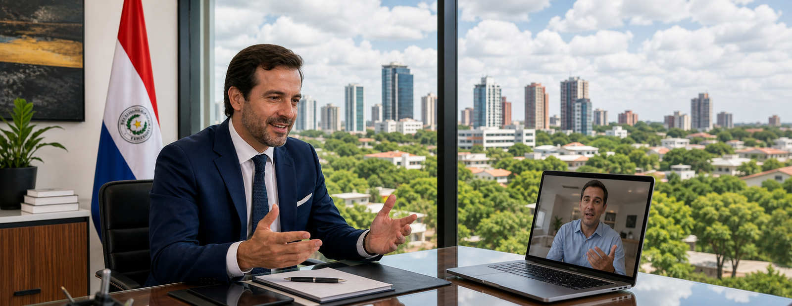 Conseiller en résidence au Paraguay échangeant avec un client en visioconférence à Asunción