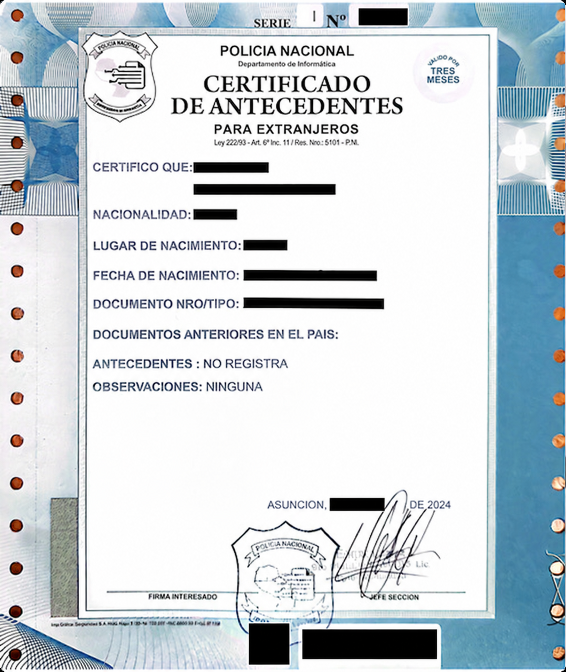Blue police background certificate for foreigners with identifying details masked