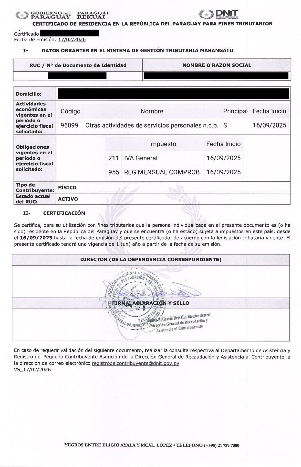 Anonymised example of a Paraguayan Tax Residency certificate
