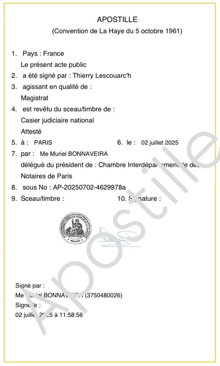 Electronic apostille — France. Example of the notarial e-apostille shown in our guide. This image illustrates its appearance; it does not replace the original electronically signed file.