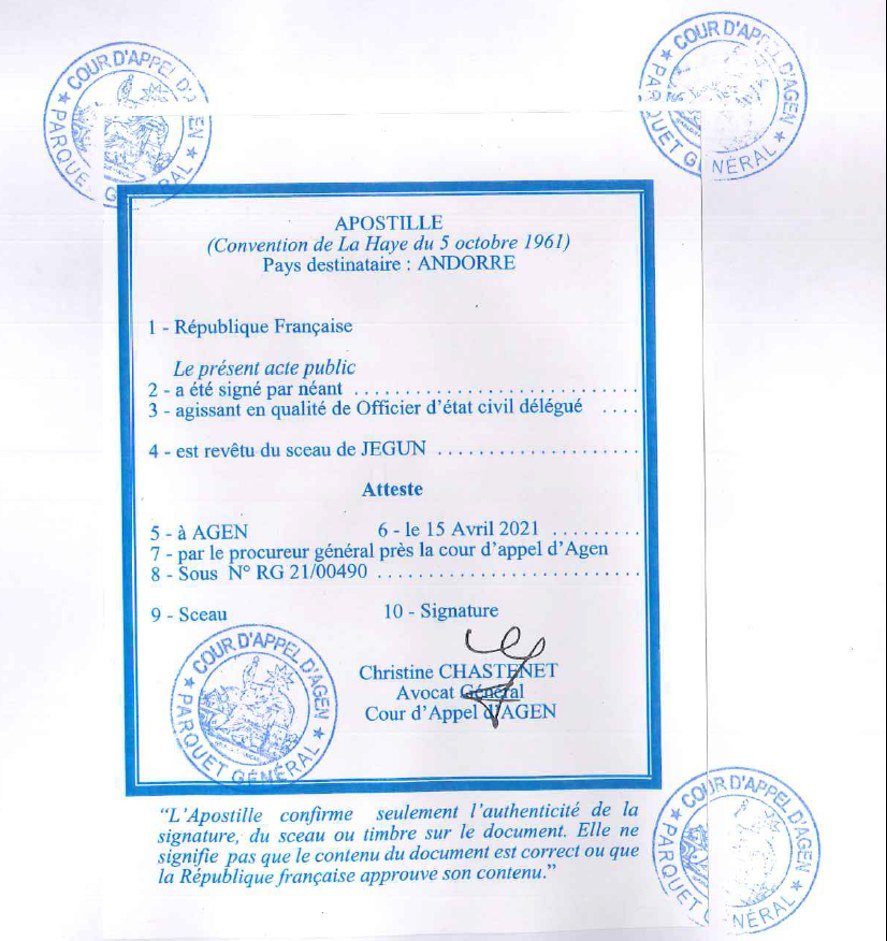 Paper apostille — France. Example of the traditional Hague Convention apostille, reproduced from the Destination Paraguay residence guide.