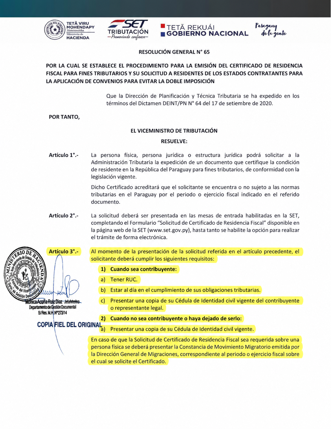 Article 3 of General Resolution 65/2020 with the relevant requirements highlighted